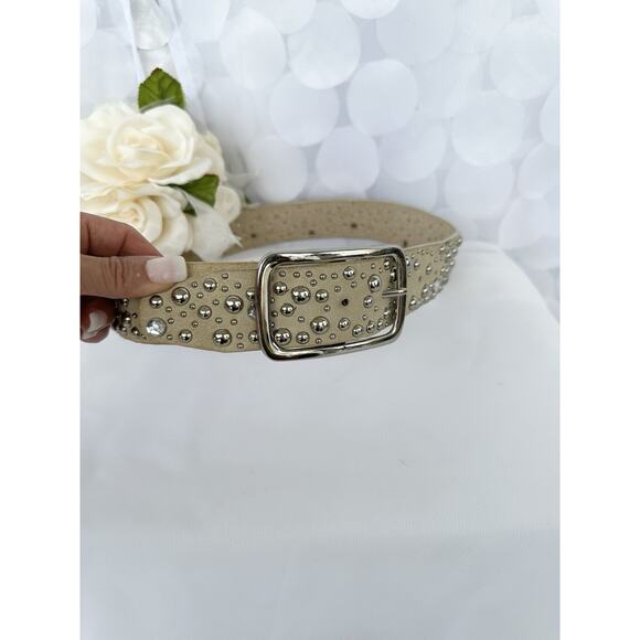 Genuine Suede Beige Studded Rhinestone Belt Women’s Small Silver Embellished - Picture 2 of 7